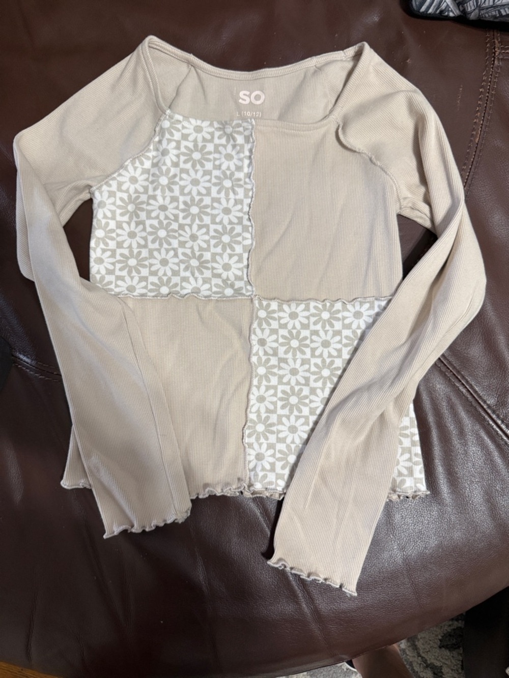 SO Neutral Patchwork Floral Long-Sleeve Top